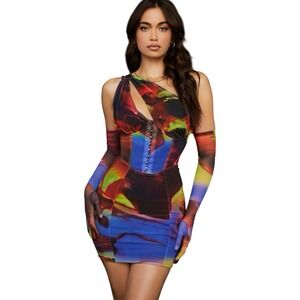 House of CB Dahlia Printed Cut Out Mini Dress Gloves Bodycon Party Club Size S